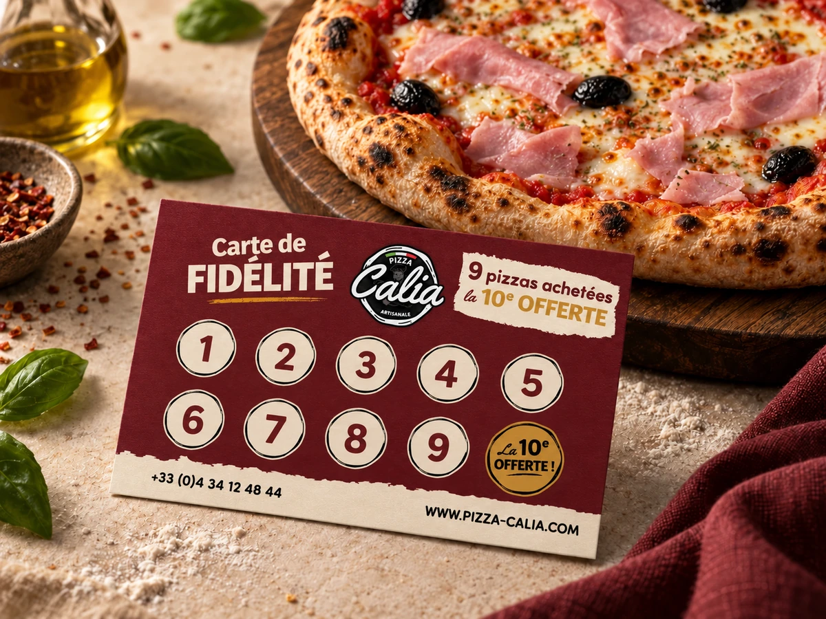 Carte de fidélité mise en scène avec une pizza, Pizza Calia Cabestany : neuf pizzas achetées, la dixième offerte. Téléphone : 04 34 12 48 44.