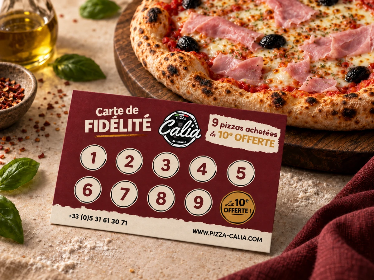 Carte de fidélité mise en scène avec une pizza, Pizza Calia Ramonville-Saint-Agne : neuf pizzas achetées, la dixième offerte. Téléphone : 05 31 61 30 71.