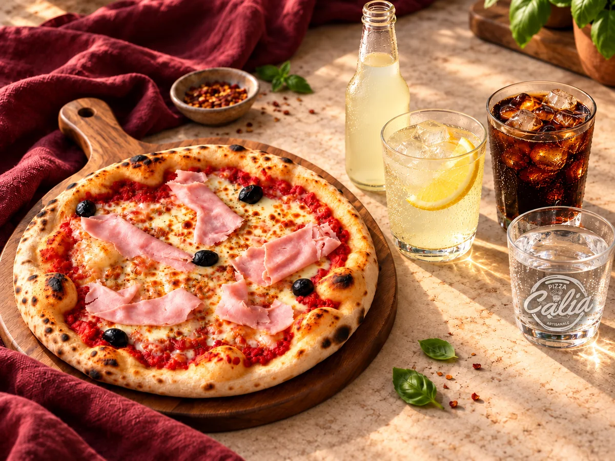 Pizza accompagnée de limonade, cola et eau dans des verres