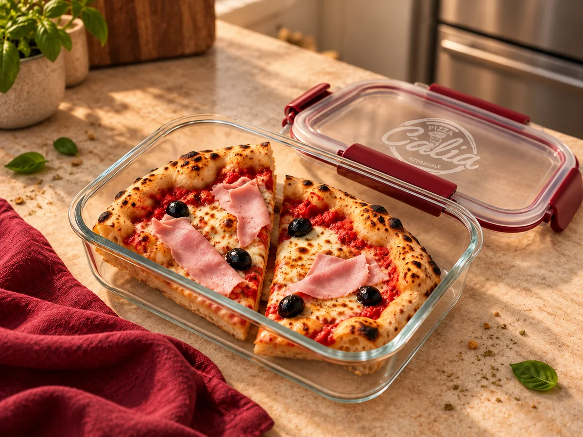 Parts de pizza dans une boîte de conservation en verre avec son couvercle