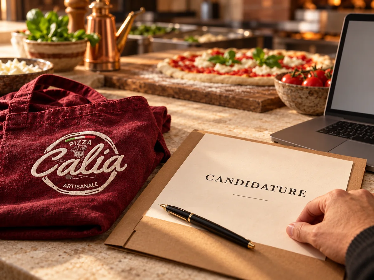 Dossier de candidature et tablier brodé Pizza Calia dans une scène de cuisine
