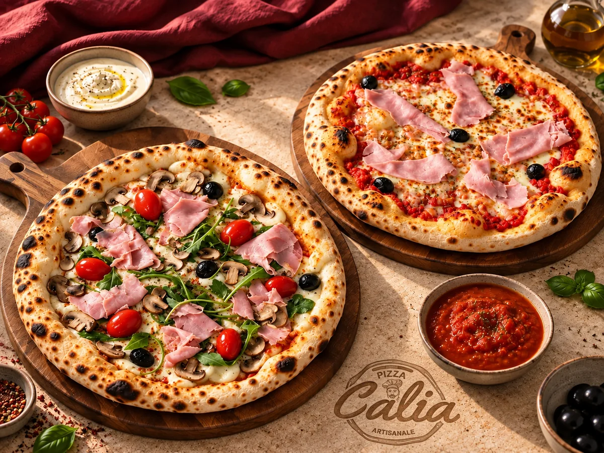 Deux pizzas artisanales sur planches, base crème et base tomate