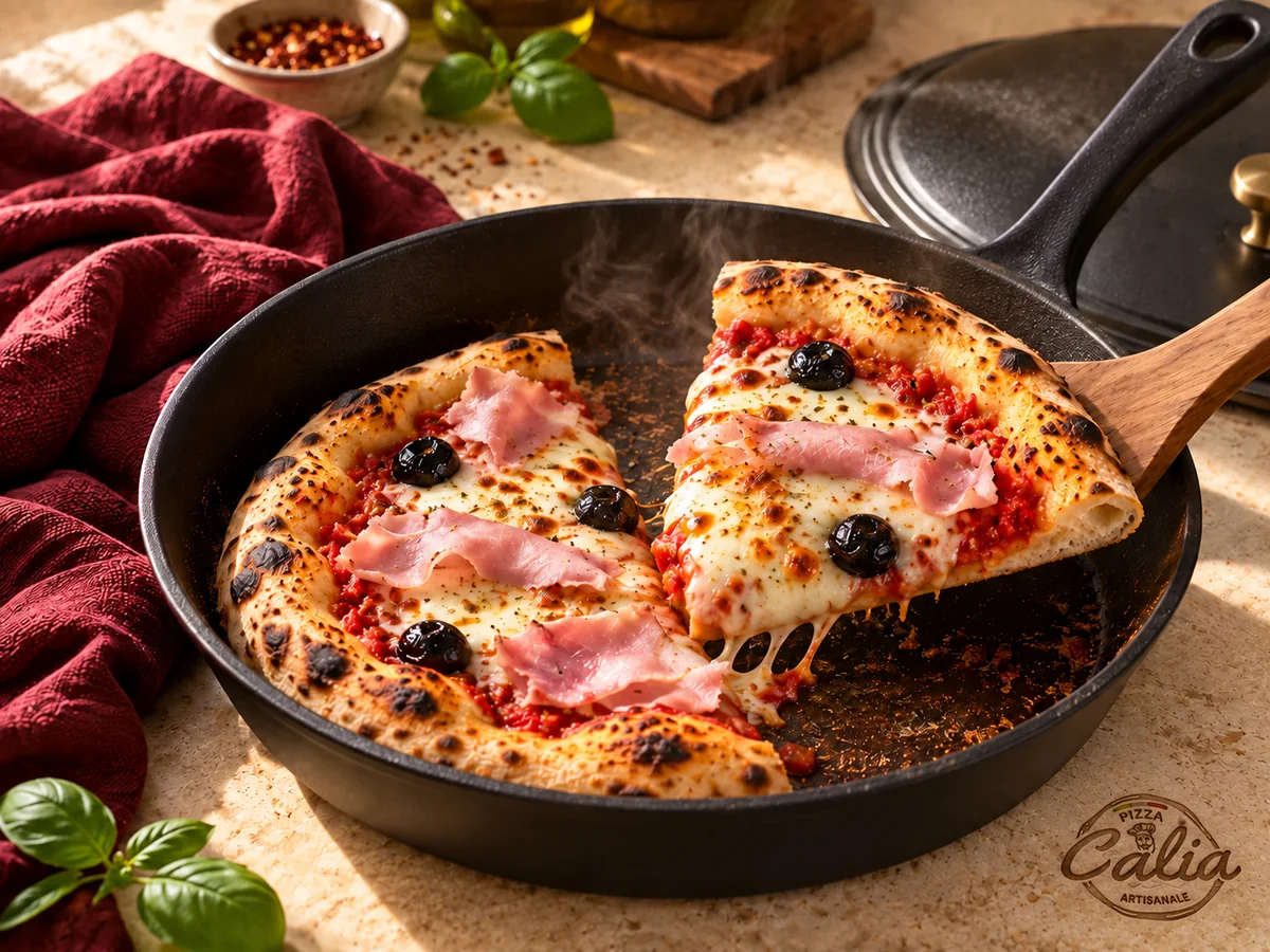 Deux parts de pizza réchauffées dans une poêle noire