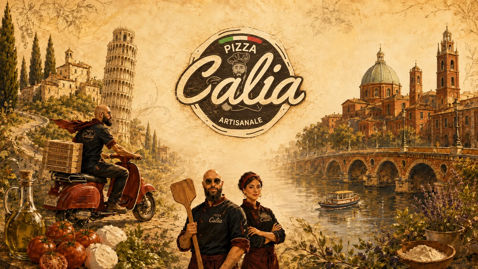 Fresque illustrée signée Pizza Calia : paysages italiens, Vespa et personnages en tenue de pizzaïolo