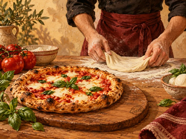 Illustration d’un pizzaïolo travaillant la pâte, près d’une pizza dorée sur une planche signée Calia