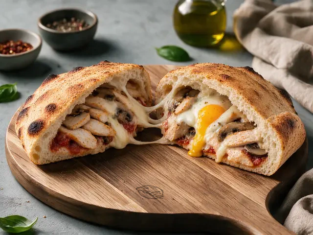Pizza Calzone Fermière 33 cm : Sauce tomate, poulet, champignons, mozzarella, œuf