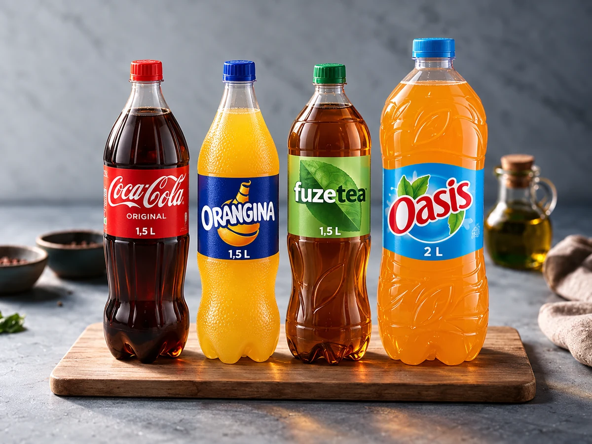 Boissons grand format : Coca-Cola, Orangina ou Fuze Tea en 1,5 L · Oasis en 2 L · au choix