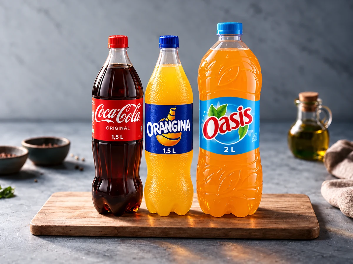 Boissons grand format : Coca-Cola ou Orangina en 1,5 L · Oasis en 2 L · au choix