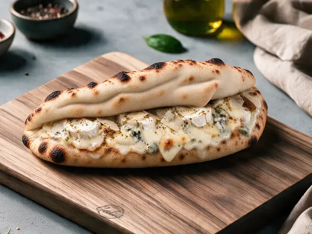 Panuozzo 4 Formaggi : Mascarpone, mozzarella, gorgonzola, chèvre, parmesan, origan, poivre