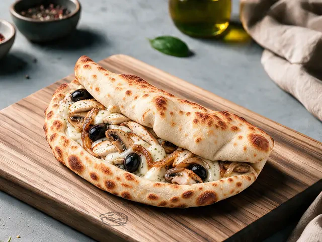 Panuozzo Pollo : Mascarpone, poulet, champignons, oignons confits, mozzarella, olives noires