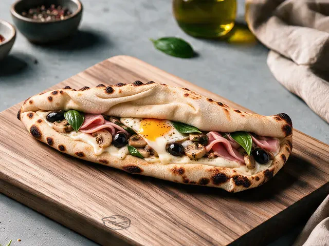 Panuozzo Regina : Mascarpone, mozzarella, œuf, champignons, olives noires, origan, jambon, basilic, poivre