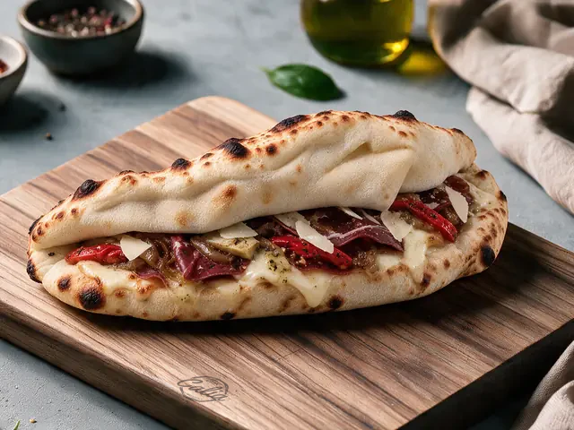 Panuozzo Tartiflette : Mascarpone, mozzarella, reblochon, bœuf séché, oignons confits, parmesan, poivrons, poivre