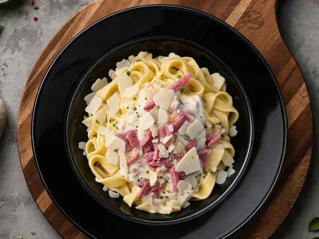 Pâtes Carbonara : Crème fraîche, oignons confits, lardons, parmesan