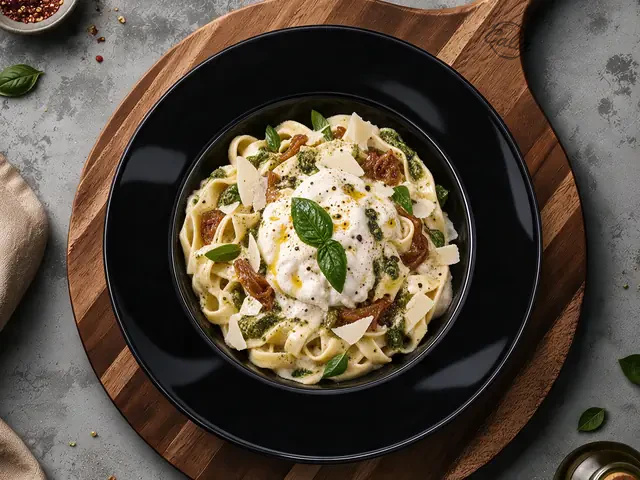 Pâtes Pesto & Burrata : Crème fraîche, burrata, pesto, oignons confits, parmesan, basilic, huile d’olive