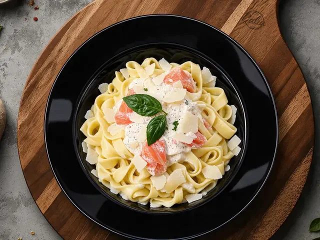 Pâtes Saumon : Crème fraîche, saumon, basilic, parmesan