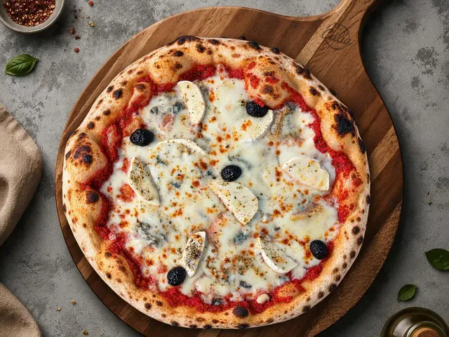 Pizza 4 Formaggi 33 cm : Sauce tomate, chèvre, roquefort, mozzarella, gorgonzola, olives noires