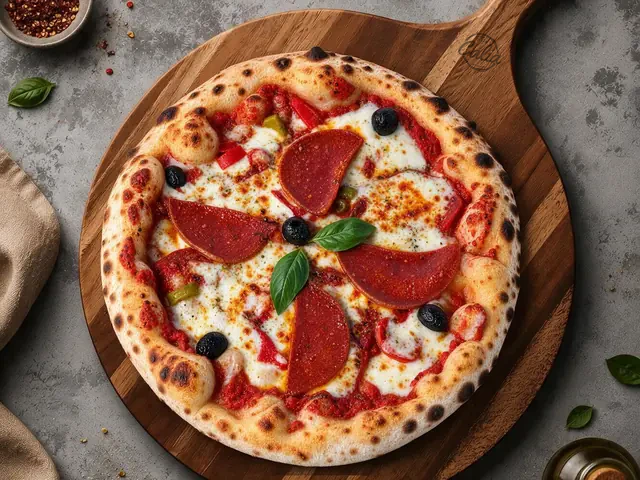 Pizza Choriza 33 cm : Sauce tomate, chorizo, poivrons, mozzarella, olives noires