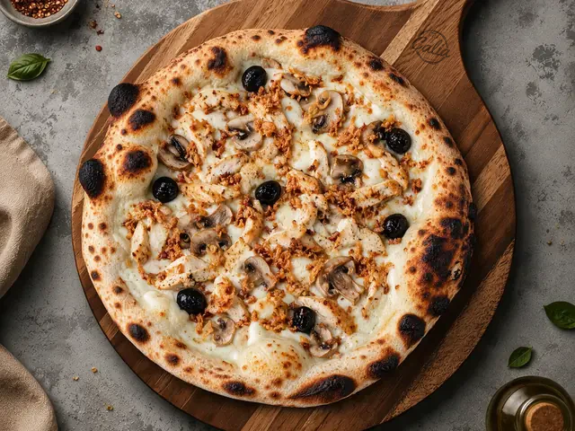Pizza Fermière 33 cm : Crème fraîche, poulet, champignons, mozzarella, oignons frits, olives noires