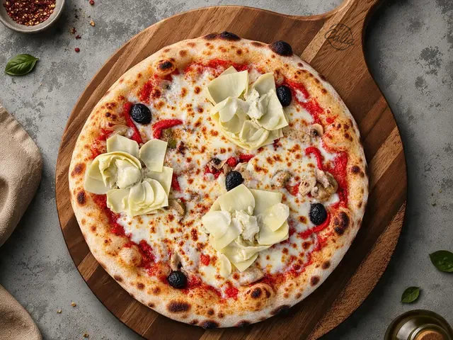 Pizza La Veggie 33 cm : Sauce tomate, champignons, poivrons, cœurs d’artichauts, tomates cerises, oignons confits, mozzarella, olives noires