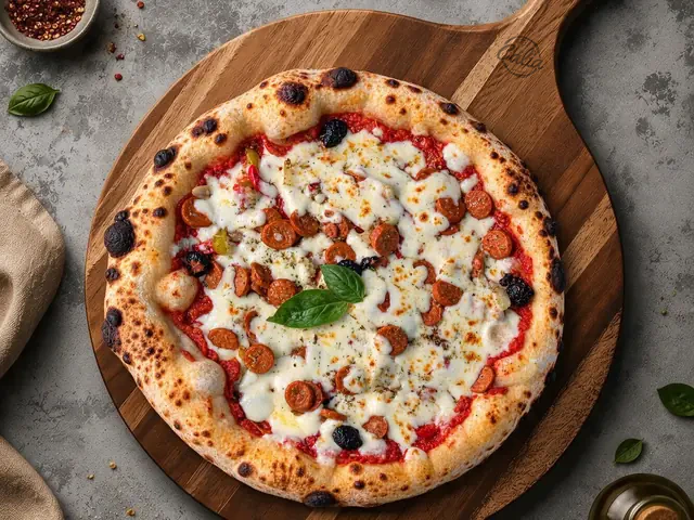 Pizza Orientale 33 cm : Sauce tomate, mozzarella, merguez, poivrons, oignons confits, olives noires