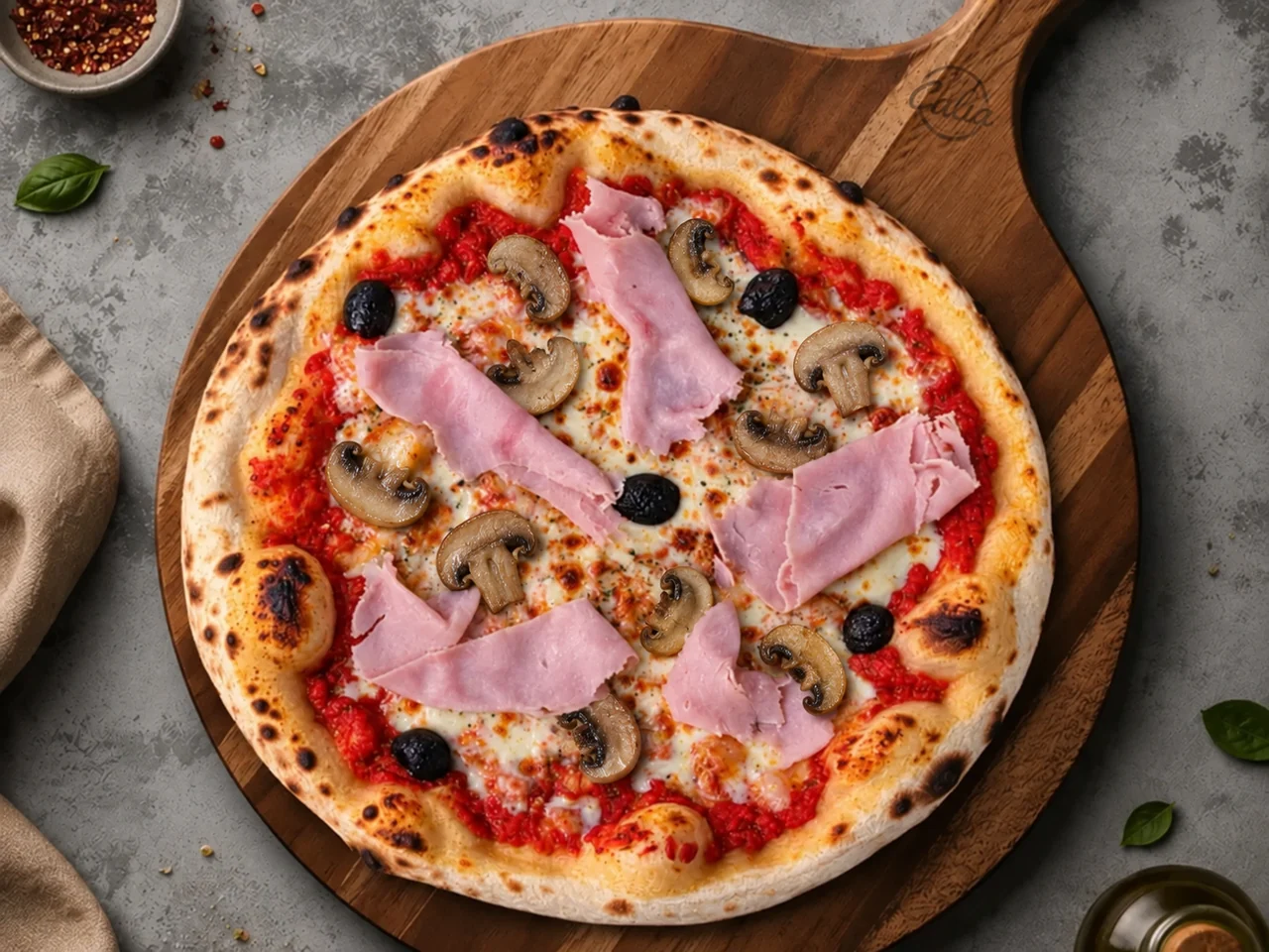 Pizza Regina 33 cm : Sauce tomate, jambon, champignons, mozzarella, olives noires