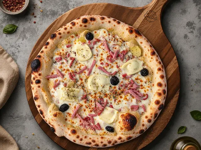 Pizza Savoyarde 33 cm : Crème fraîche, pommes de terre, lardons, reblochon, oignons confits, mozzarella, olives noires
