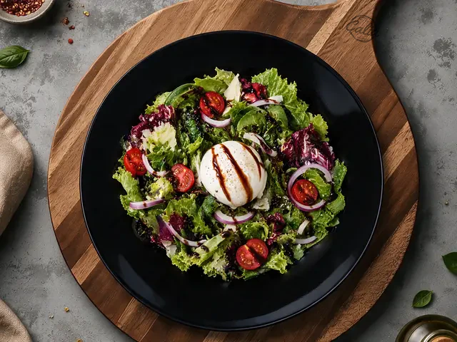 Salade Burrata : Salade, tomates cerises, burrata, oignons rouges, crème balsamique