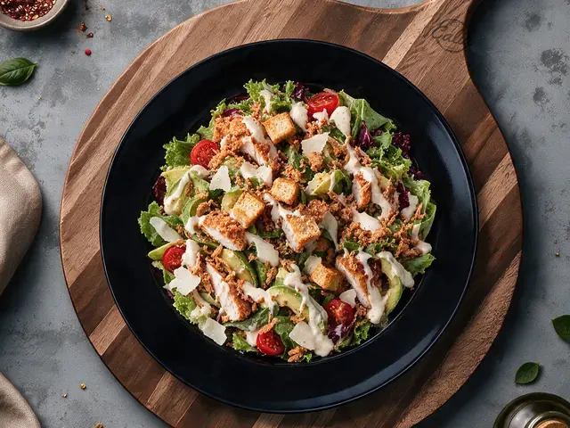 Salade César : Salade, tomates cerises, avocat, poulet pané, sauce césar, croûtons, oignons frits, parmesan