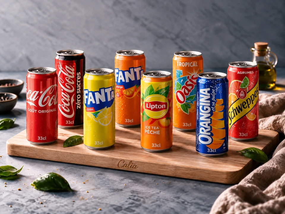 Sodas 33 cl : Coca-Cola, Fanta, Lipton Ice Tea, Oasis, Orangina, Schweppes, Perrier · au choix